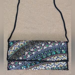 Beaded Sequin Evening Clutch Bag in Black Multi